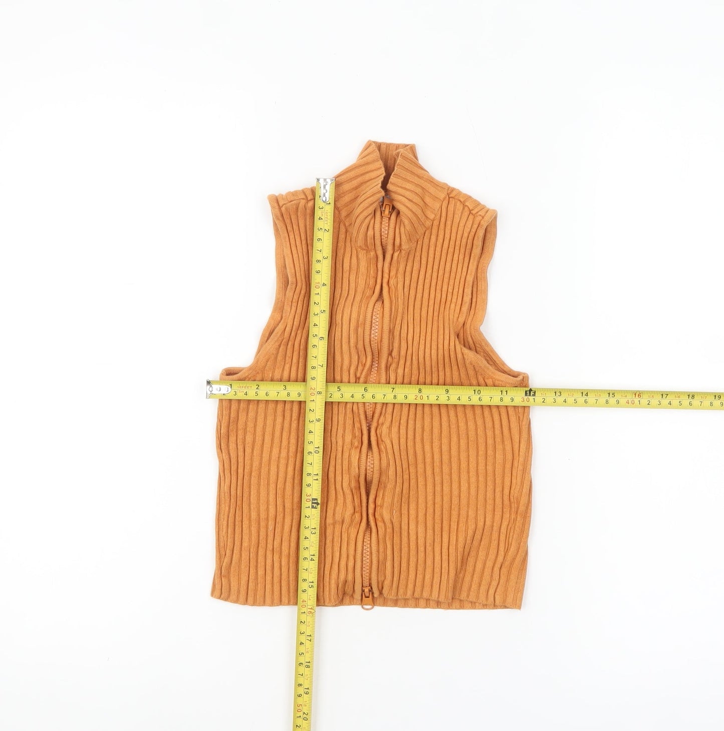 Zara Women Brown Ribbed Knit Sleeveless Zip High Neck Cropped Top S