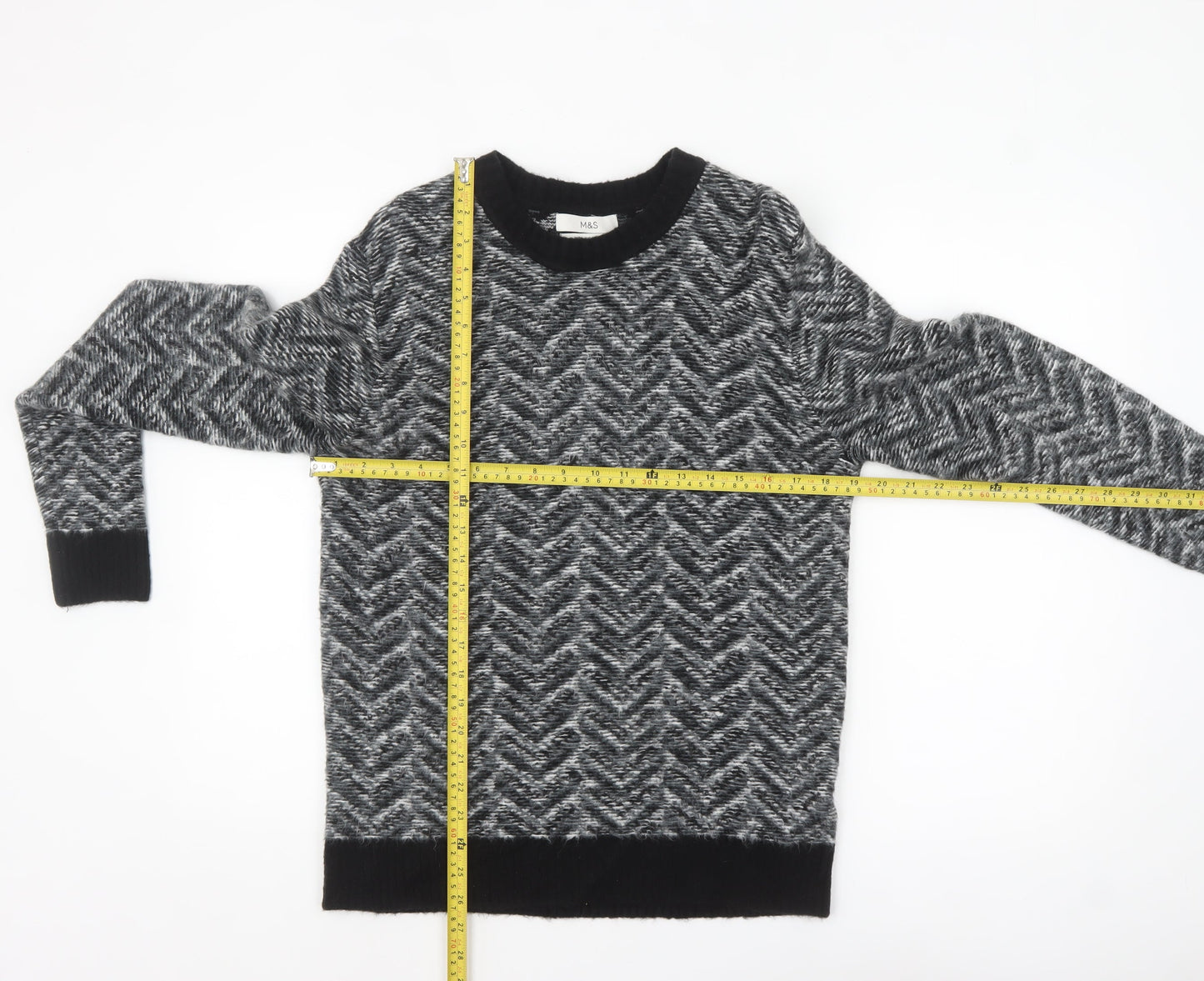 Marks and Spencer Men's Grey Geometric Wool Blend Crew Neck Jumper M