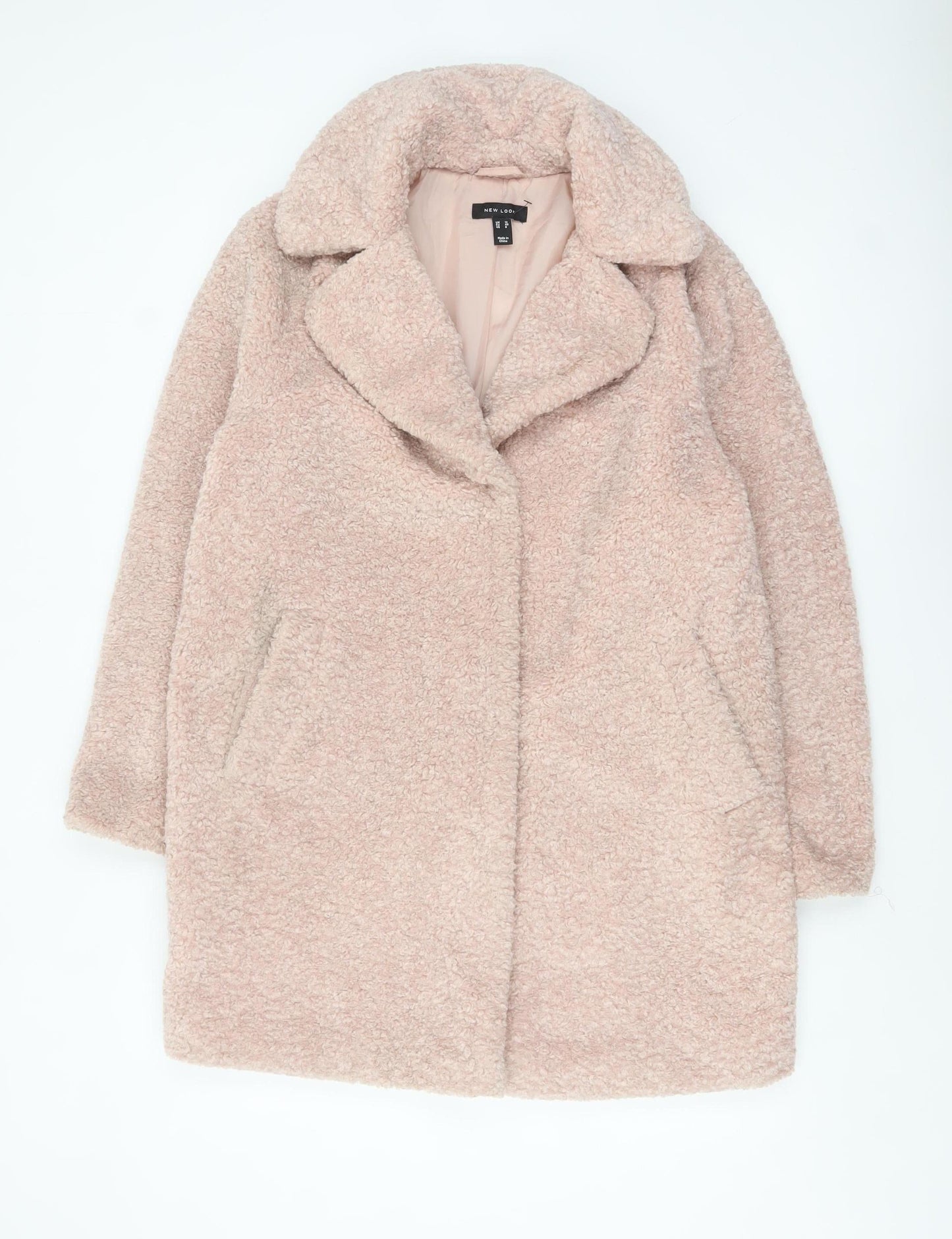 New Look Women’s Pink Teddy Overcoat Size 12 Lined Mid-Length