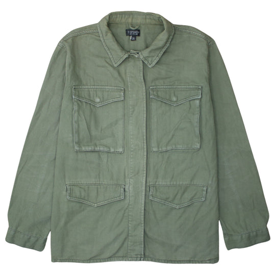 Topshop Women Green Cotton Button-Up Shirt UK 16 Military Style