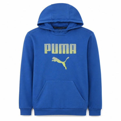Front view of Puma boys’ blue pullover hoodie 15-16 years graphic logo sweatshirt