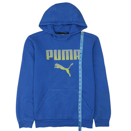 Close-up detail of Puma boys’ blue pullover hoodie 15-16 years graphic logo sweatshirt