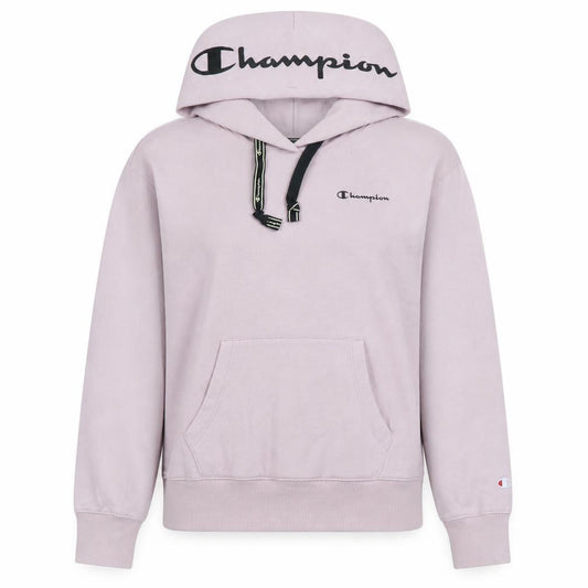 Front view of Champion girls’ pink logo pullover hoodie, size L, fleece cotton blend