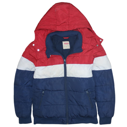 Additional front view of Levi’s boys’ multicoloured hooded puffer jacket, size 14, years winter coat