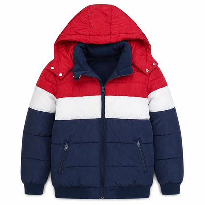 Front view of Levi’s boys’ multicoloured hooded puffer jacket, size 14, years winter coat