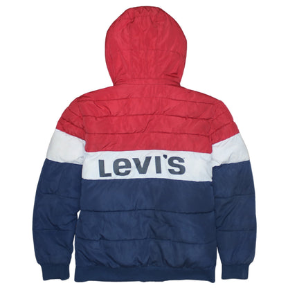 Brand and care label for Levi’s boys’ multicoloured hooded puffer jacket, size 14, years winter coat