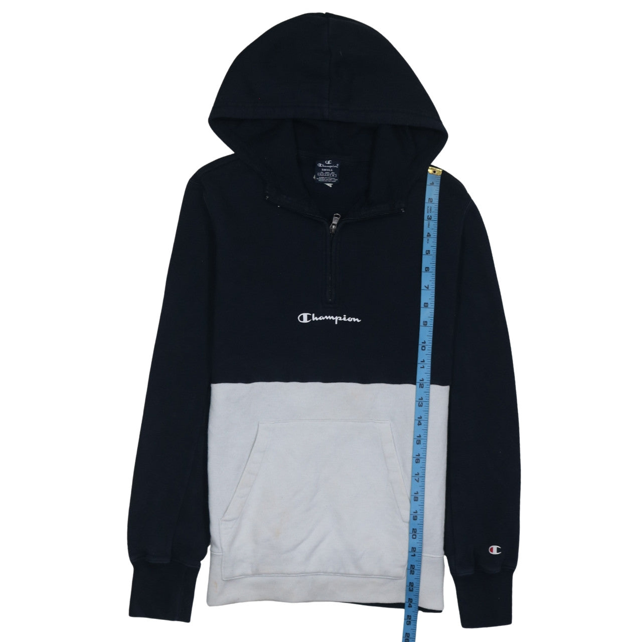 Champion Men's Blue Grey 1/4 Zip Hoodie Size S Colour Block Fleece