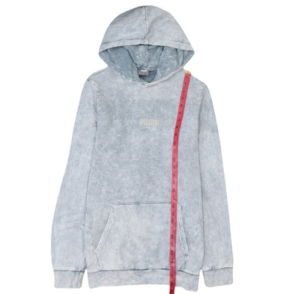Close-up detail of Puma Men's Grey Pullover Hoodie, size S, Regular Fit Sportswear