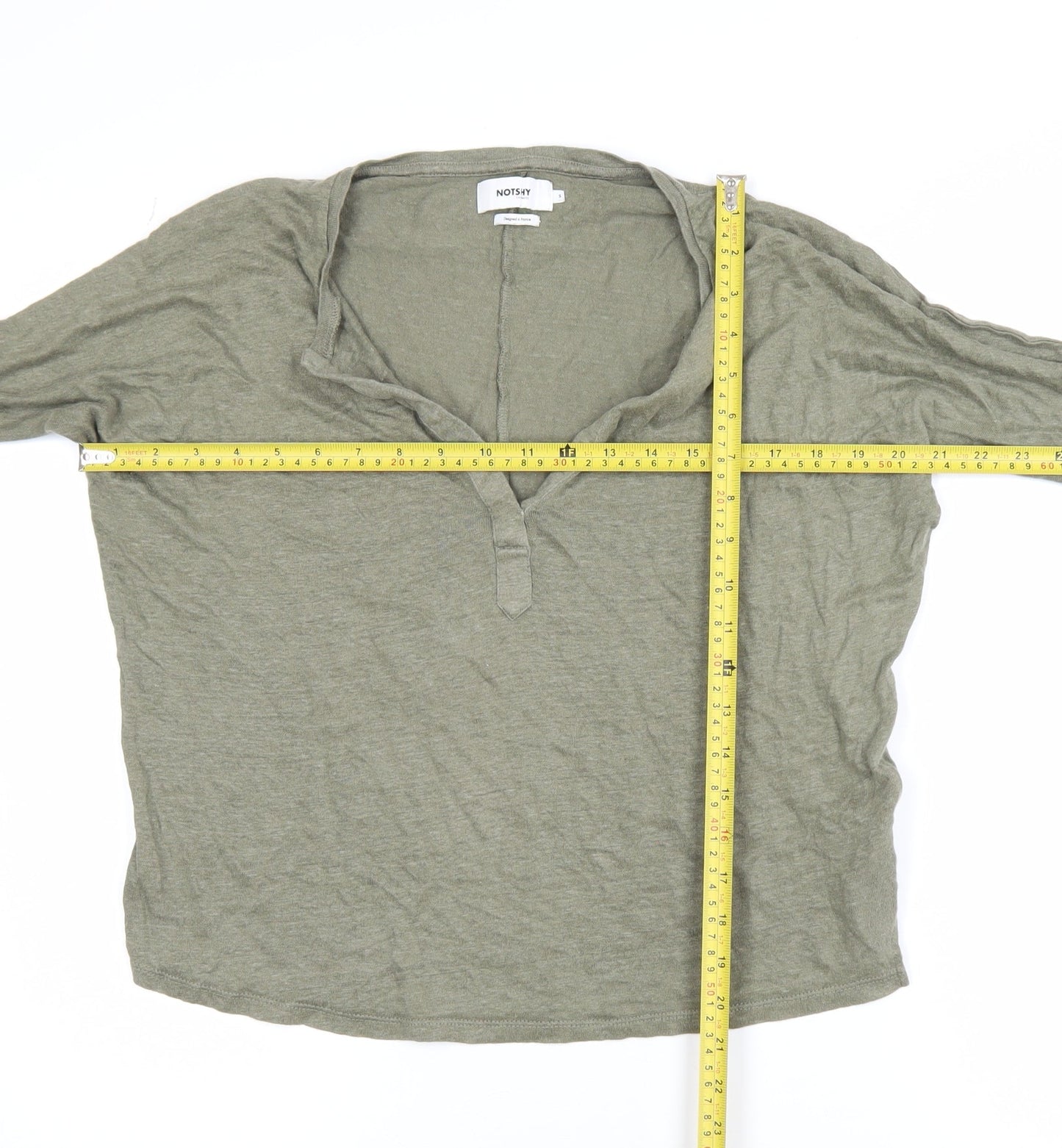 Notshy Women’s Green Linen Henley Tunic Top Size S 3/4 Sleeve Casual