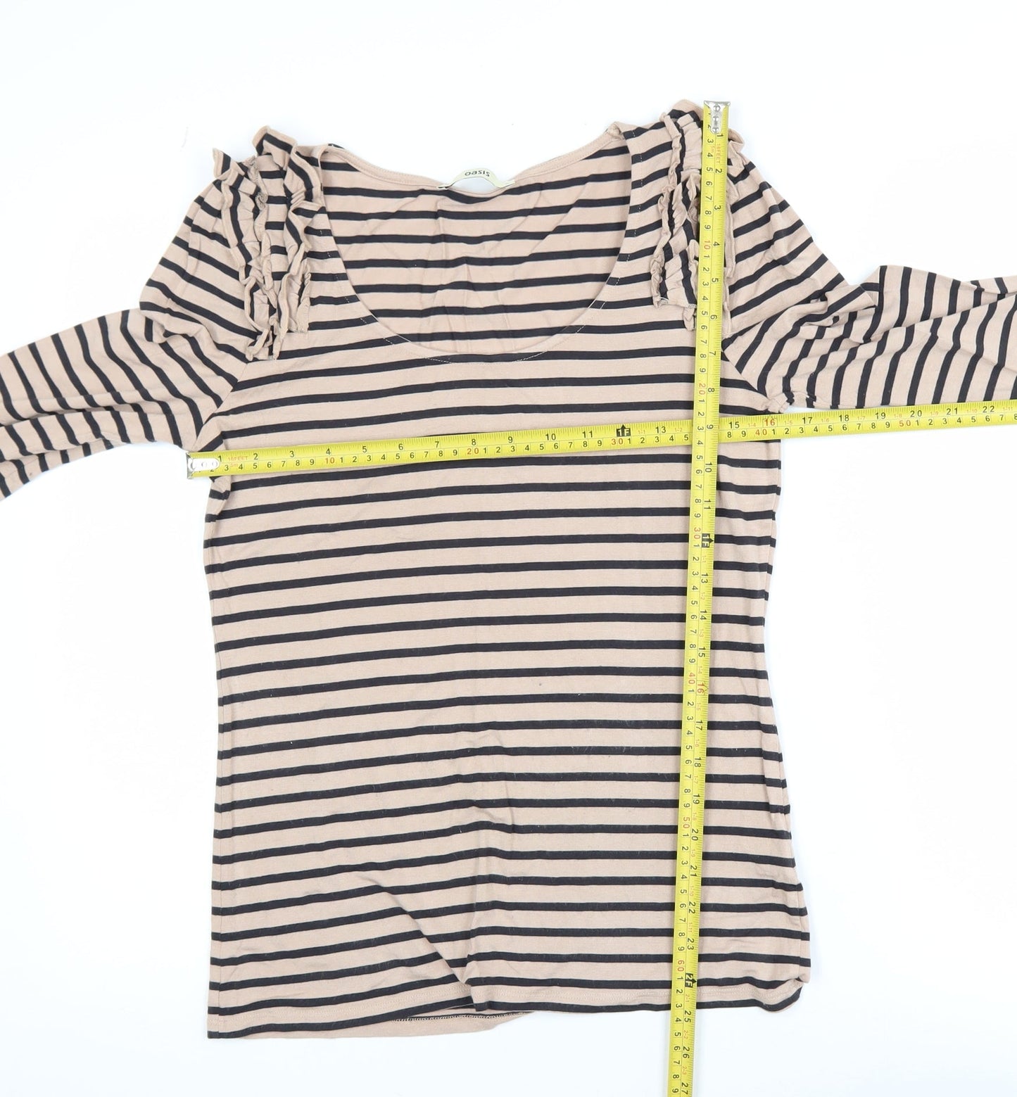 Oasis Women Beige Striped 3/4 Sleeve Ruffle Jersey Top M