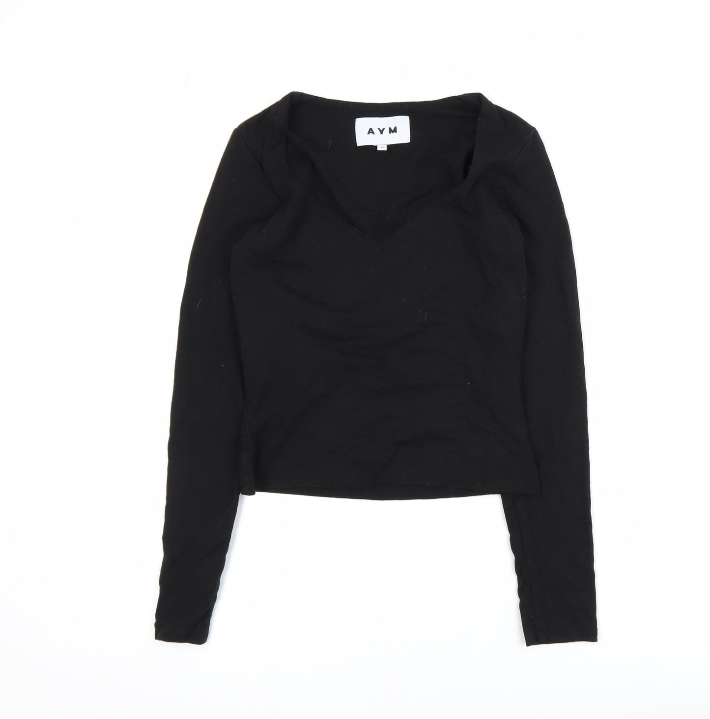 AYM Womens Black Bamboo Blend V-Neck Long Sleeve Cropped Top M
