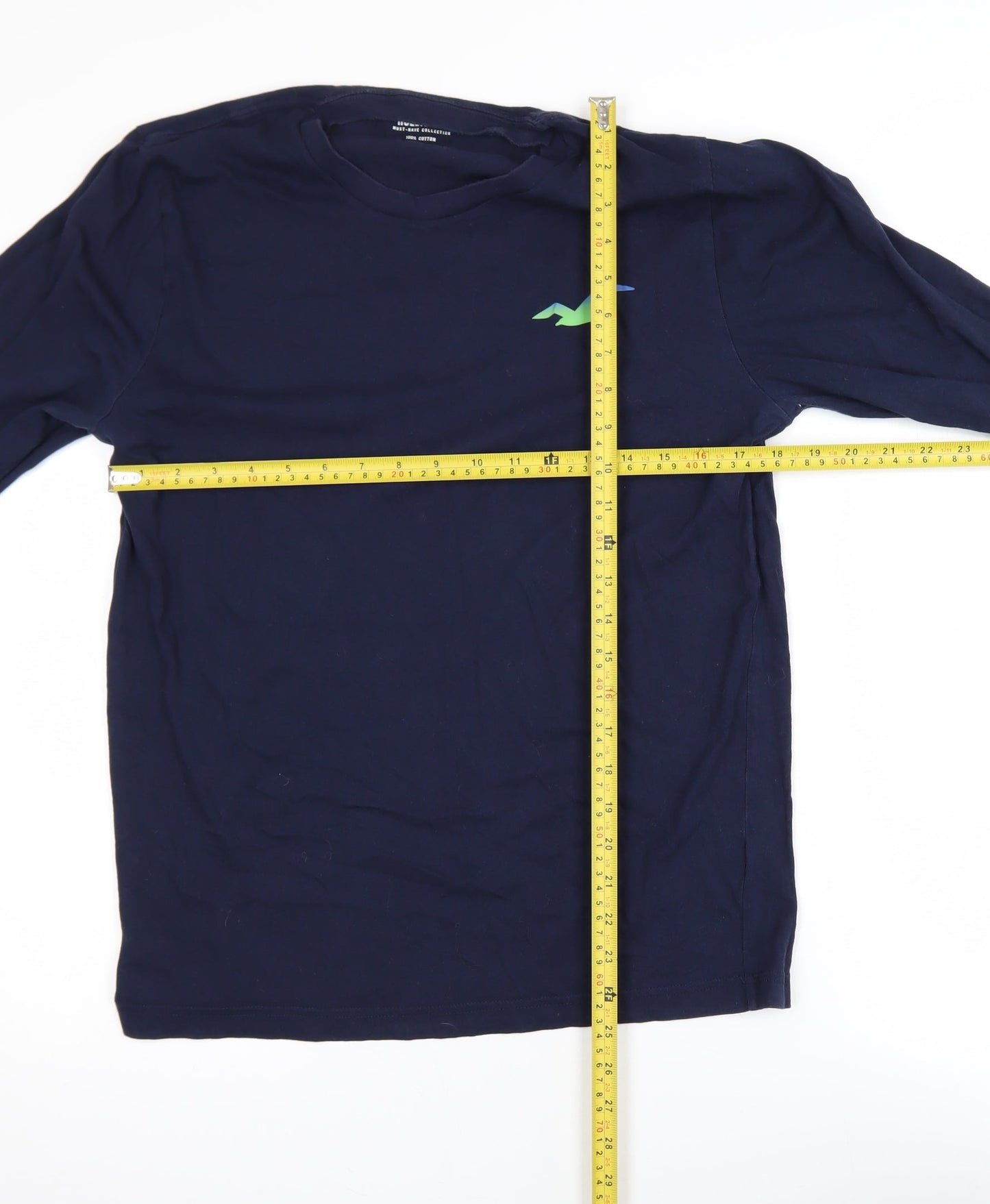 Hollister Men's Navy Long Sleeve Crew Neck Cotton T-Shirt M