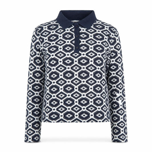 Zara Womens Blue Geometric Knit Polo Long Sleeve Top L