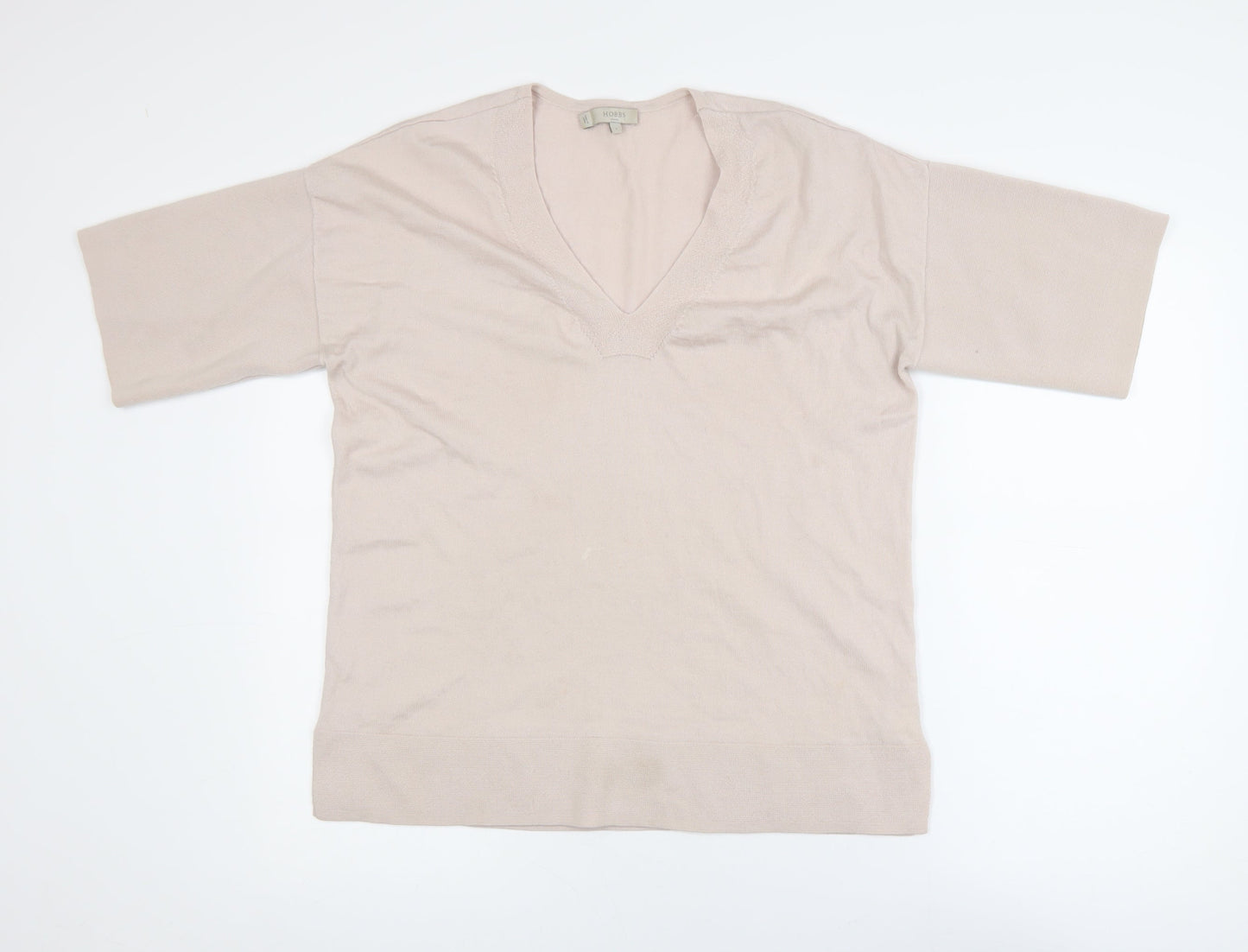 Hobbs Women Beige V-Neck Merino Wool Knit Short Sleeve Top S