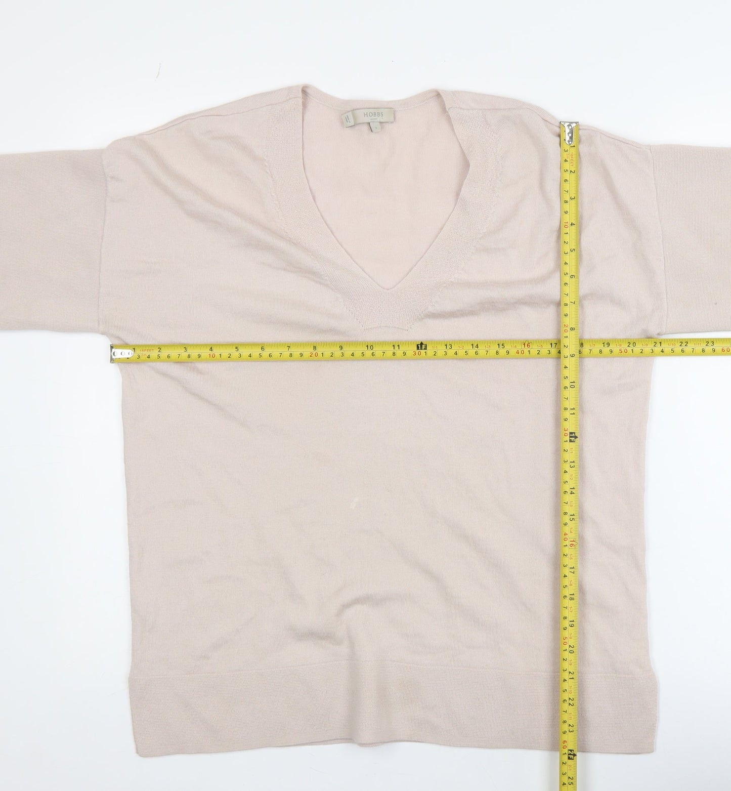 Hobbs Women Beige V-Neck Merino Wool Knit Short Sleeve Top S