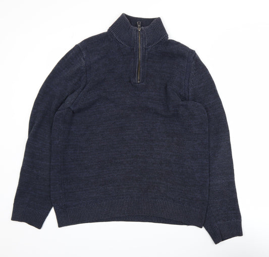 Marks and Spencer Men's Blue Cotton Blend 1/2 Zip Jumper M