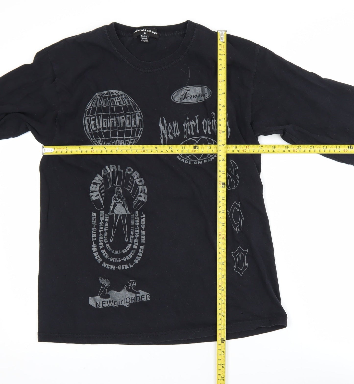 New Girl Order Women's Black Long Sleeve Graphic Cotton T-Shirt Size 8