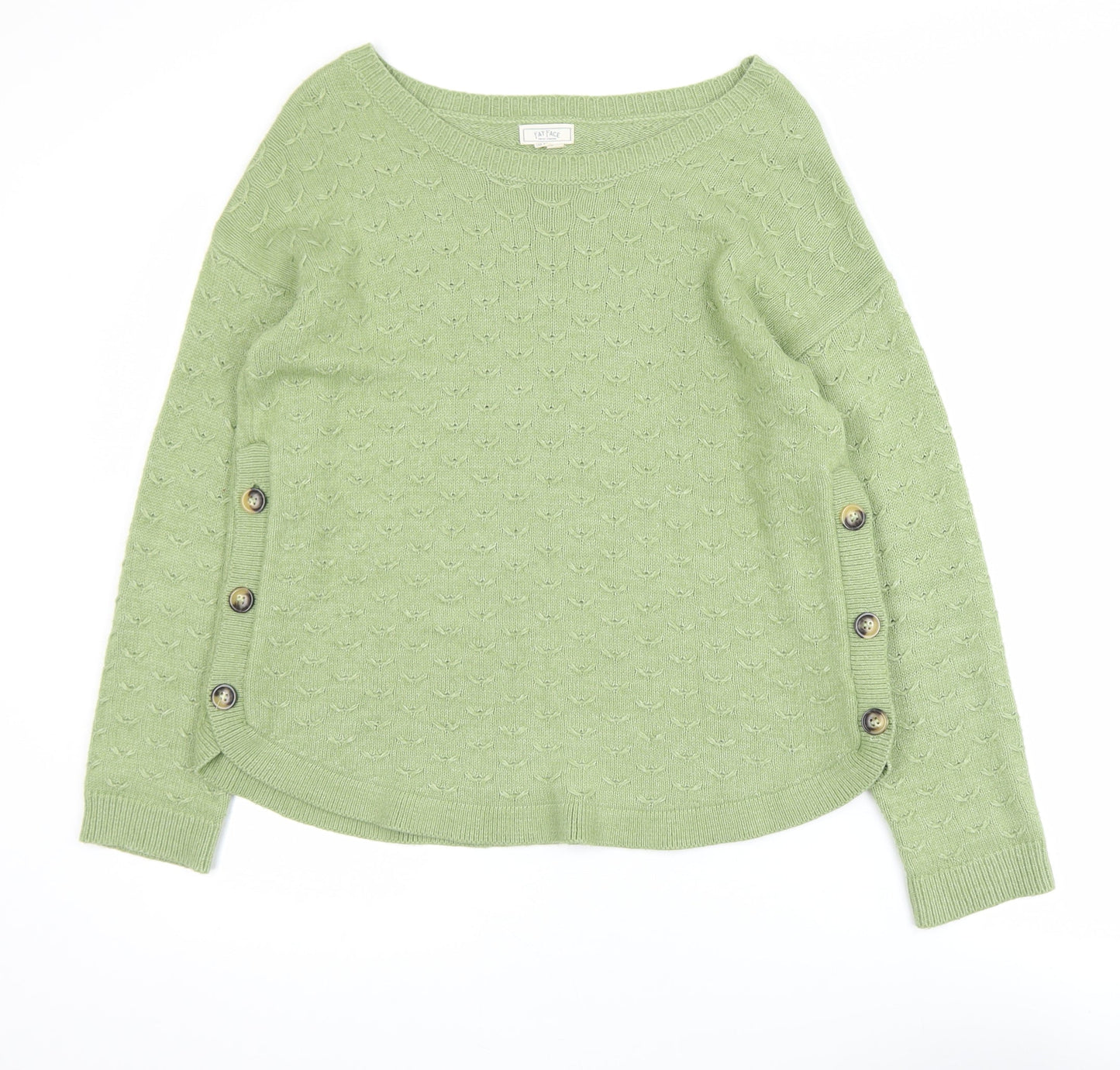 Fat Face Women’s Green Boat Neck Button Pullover Jumper Size 12