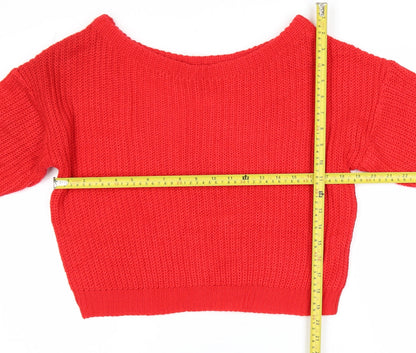Back view of Missguided Women Red Acrylic Knit Boat Neck jumper, size 6