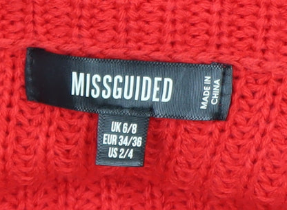 Brand and care label for Missguided Women Red Acrylic Knit Boat Neck jumper, size 6