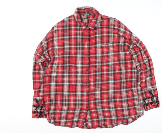 Topshop Women's Red Plaid Embroidered Cotton Flannel Shirt UK 8