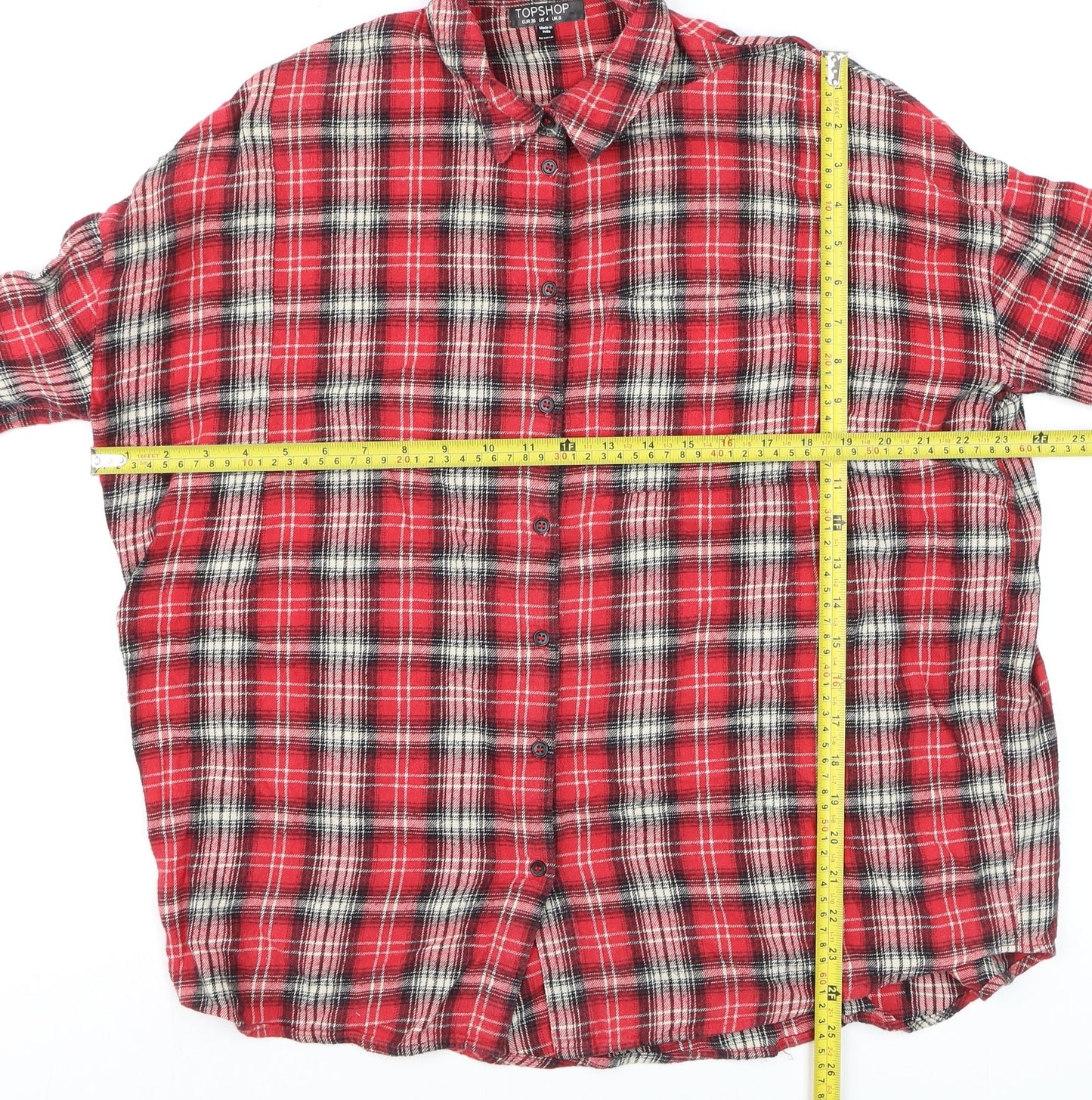 Topshop Women's Red Plaid Embroidered Cotton Flannel Shirt UK 8