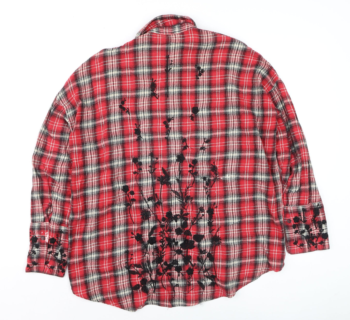 Topshop Women's Red Plaid Embroidered Cotton Flannel Shirt UK 8