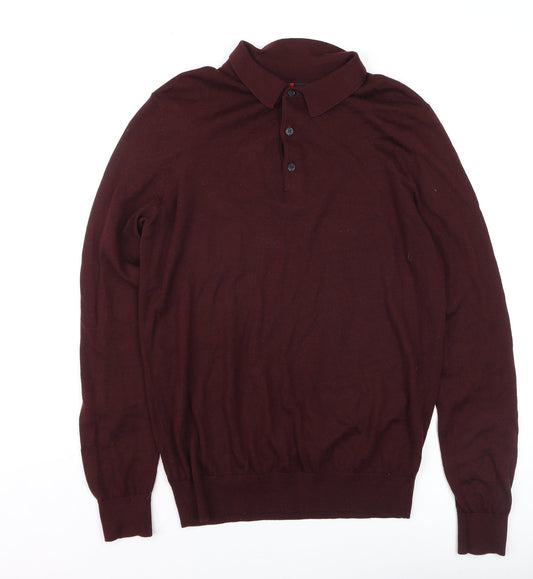 Dressmann Men's Brown Merino Wool Collared Henley Jumper M