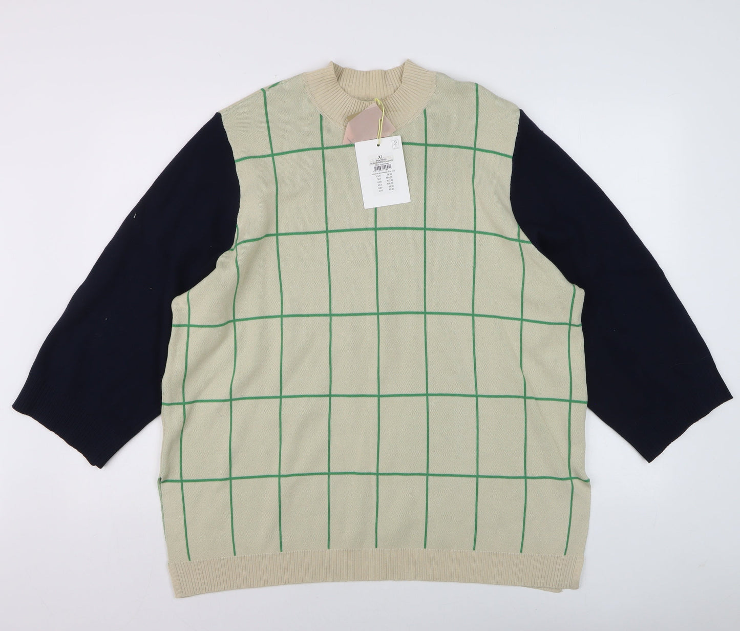 Nümph Men's Beige Check Knit Crew Neck Pullover Jumper XL