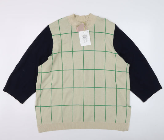 Nümph Men's Beige Check Knit Crew Neck Pullover Jumper XL