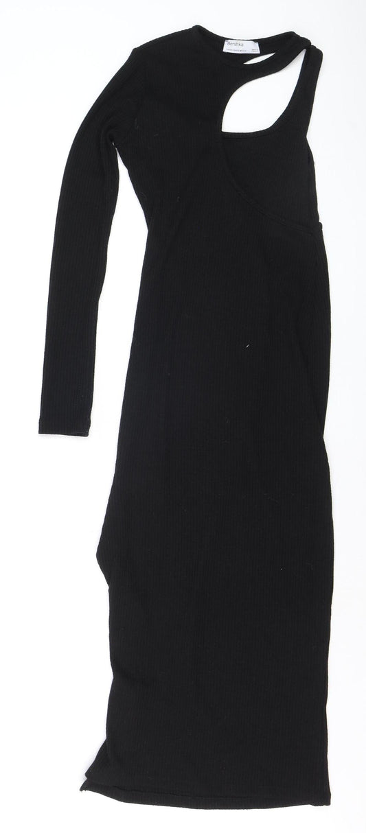 Bershka Women’s Black Asymmetric Long Sleeve Bodycon Midi Dress XS