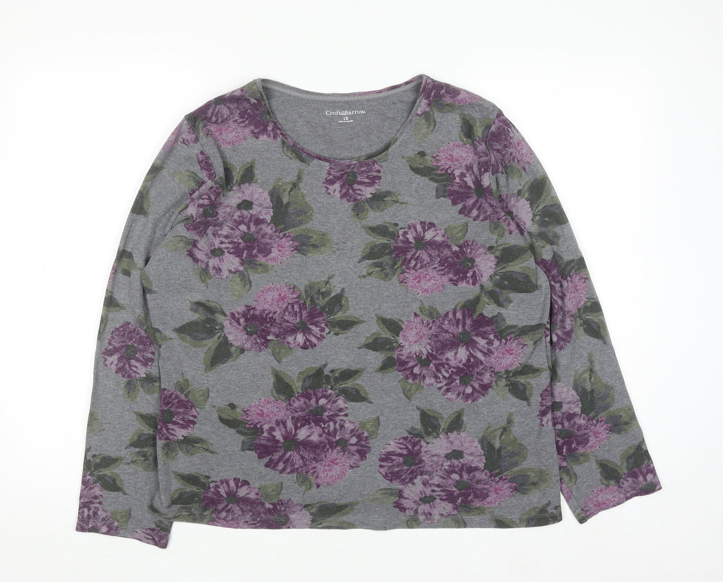 Croft & Barrow Women's Grey Floral Long Sleeve Jersey T-Shirt Size 18 Plus