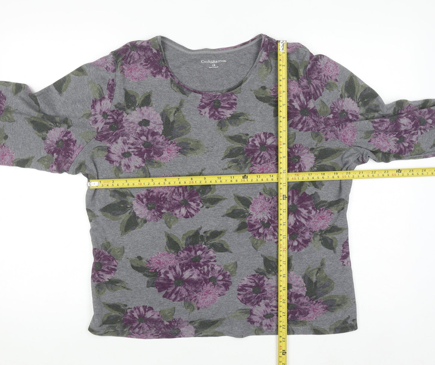Croft & Barrow Women's Grey Floral Long Sleeve Jersey T-Shirt Size 18 Plus