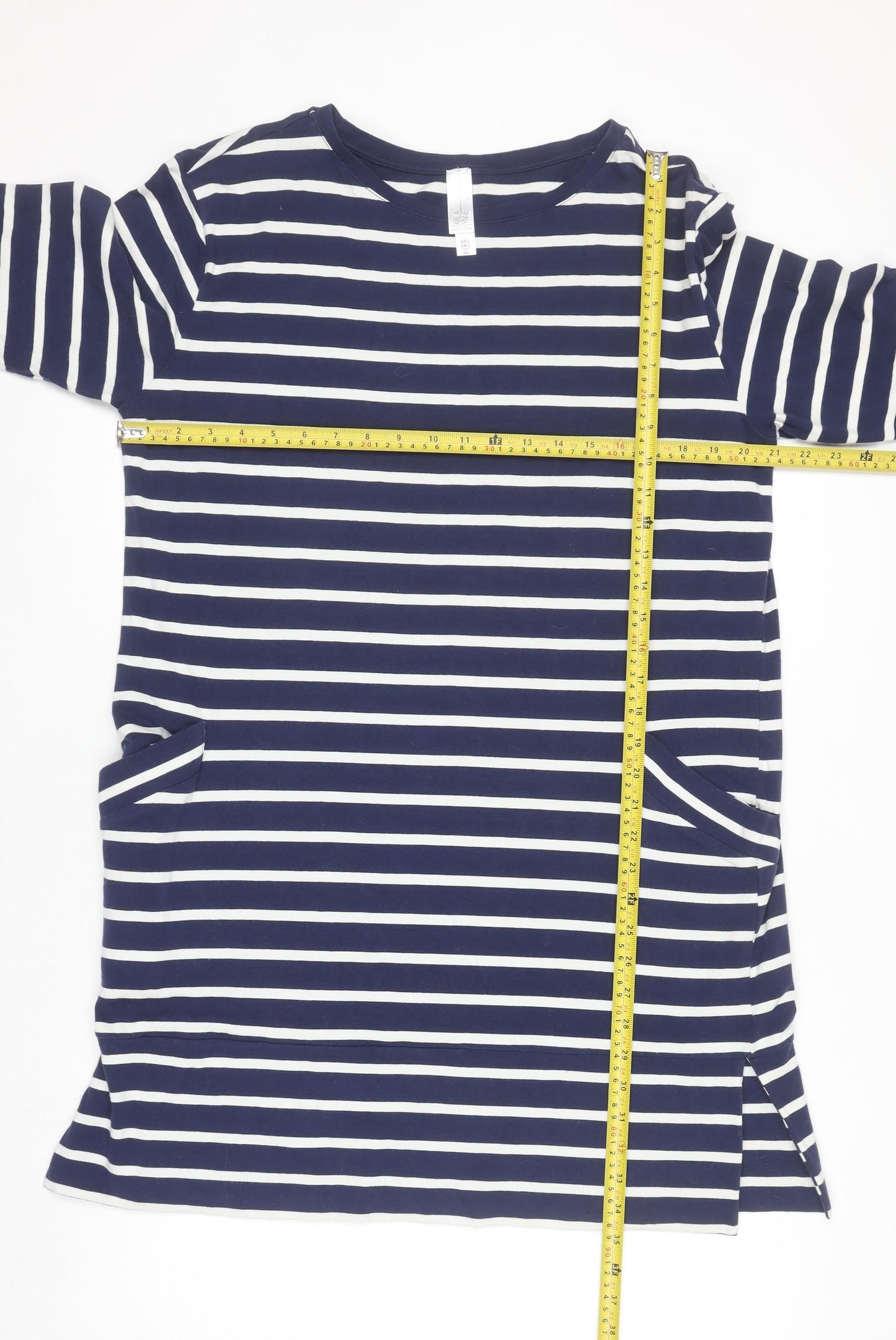 Marla Wynne Women Blue Striped T-Shirt Dress L 3/4 Sleeve Casual