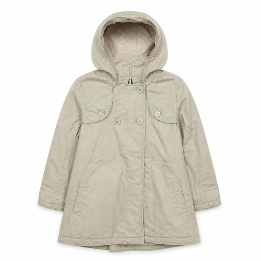 Front view of DPAM girls’ beige hooded trench coat 10 years double-breasted waterproof