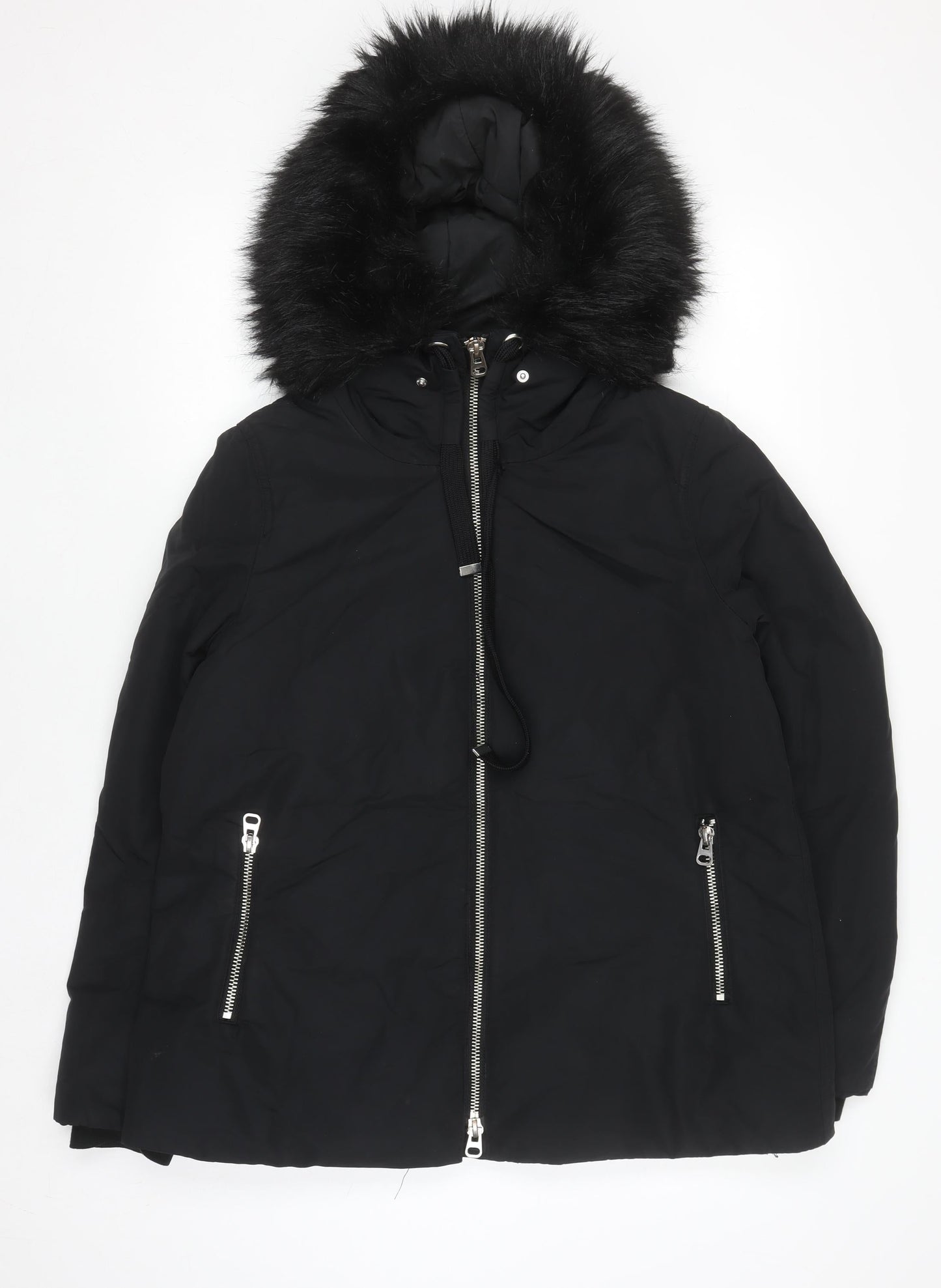 Zara Women Black Mid-Length Puffer Jacket with Faux Fur Hood Size 12
