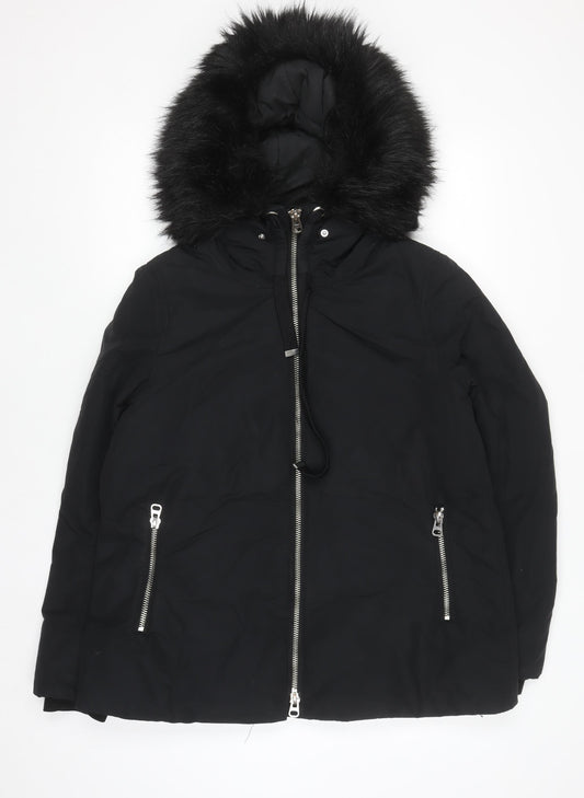 Zara Women Black Mid-Length Puffer Jacket with Faux Fur Hood Size 12