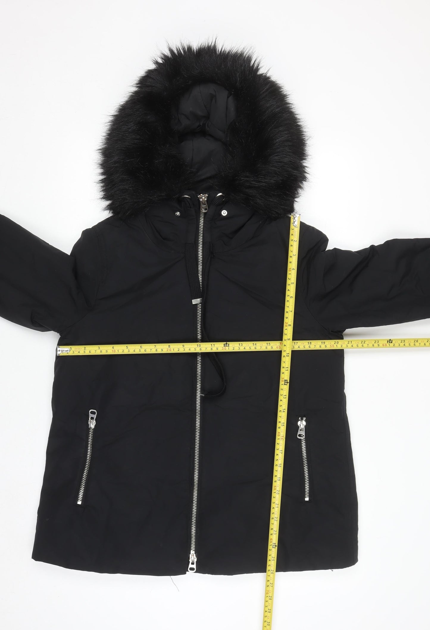 Zara Women Black Mid-Length Puffer Jacket with Faux Fur Hood Size 12