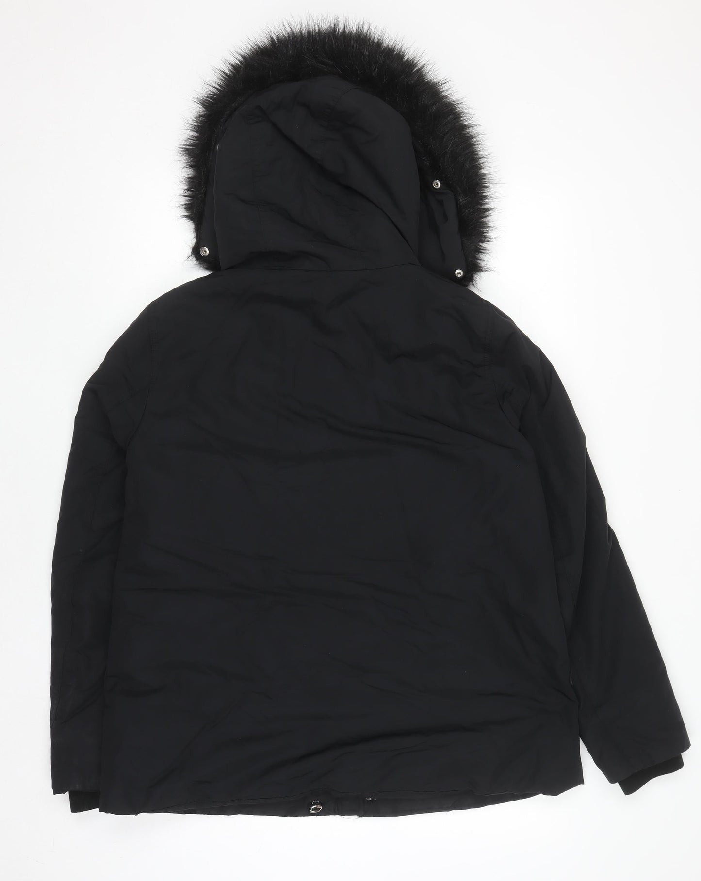 Zara Women Black Mid-Length Puffer Jacket with Faux Fur Hood Size 12