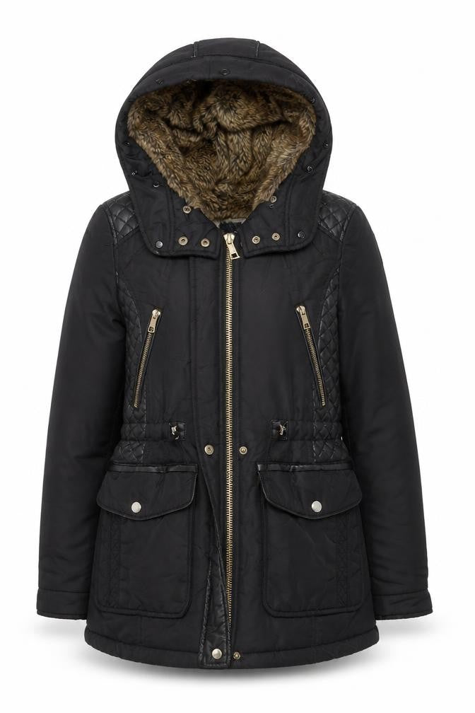Zara Women Black Faux Fur Lined Hooded Parka Jacket Size 12