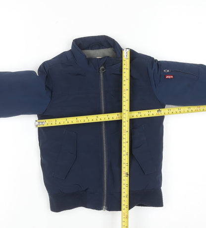 Back view of Levi's boys’ blue bomber jacket, size 4, years lined polyester zip-up