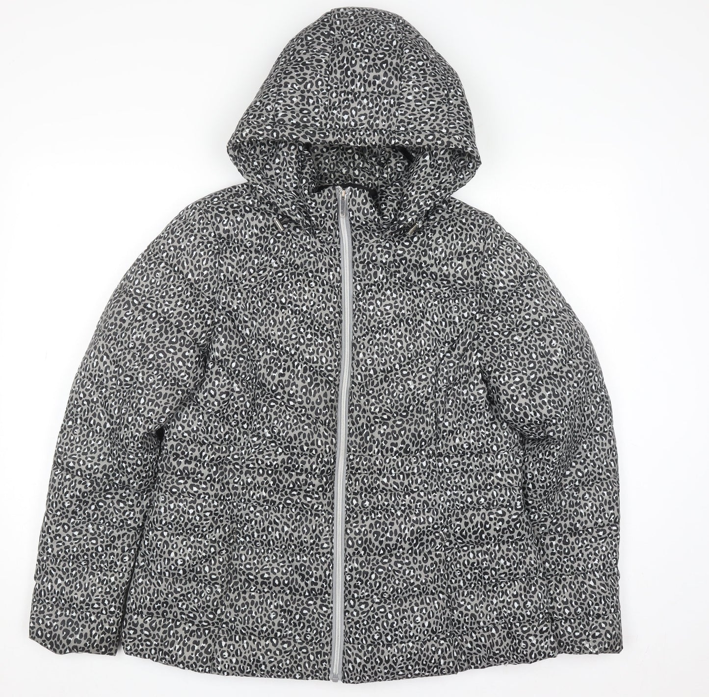 F&F Women Grey Animal Print Hooded Puffer Jacket Size 14