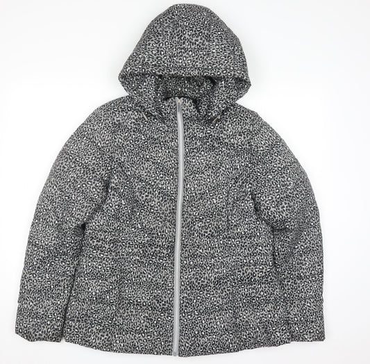 F&F Women Grey Animal Print Hooded Puffer Jacket Size 14