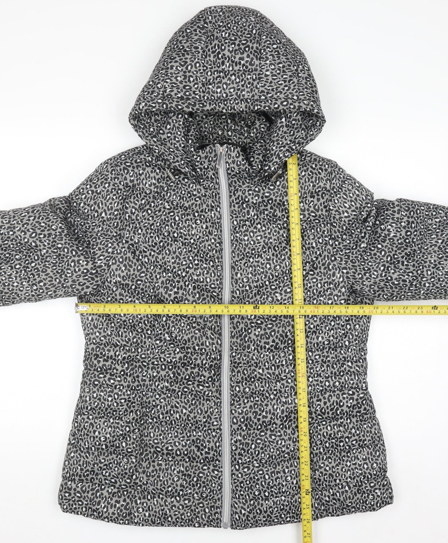 F&F Women Grey Animal Print Hooded Puffer Jacket Size 14