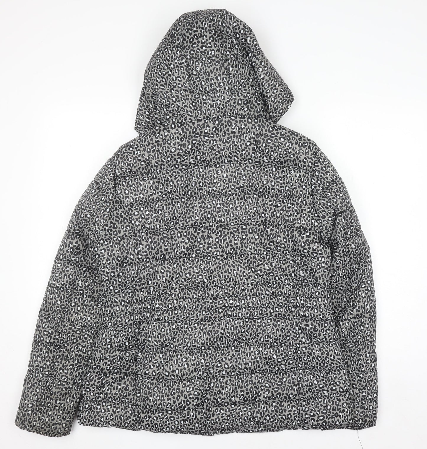 F&F Women Grey Animal Print Hooded Puffer Jacket Size 14