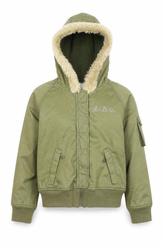Front view of Ted Baker girls’ green hooded fur trim bomber jacket age 10 winter coat