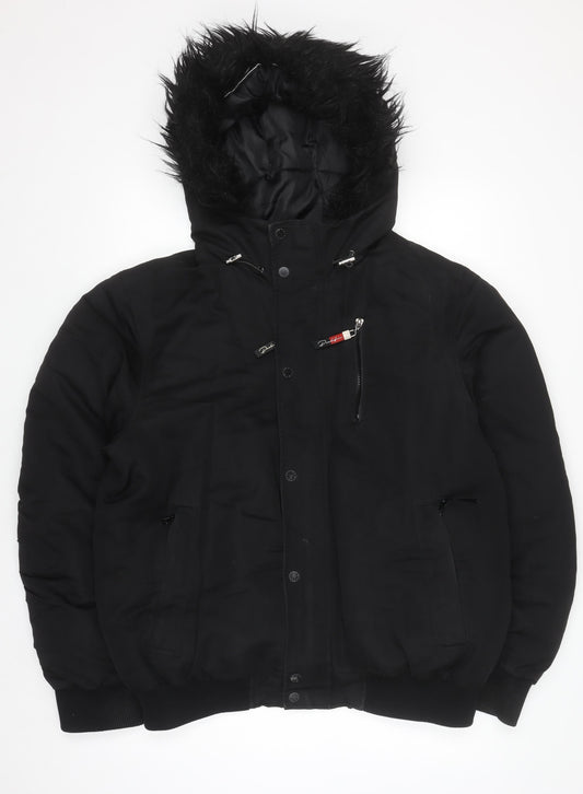 River Island Men's Black L Hooded Puffer Jacket Faux Fur Winter Coat