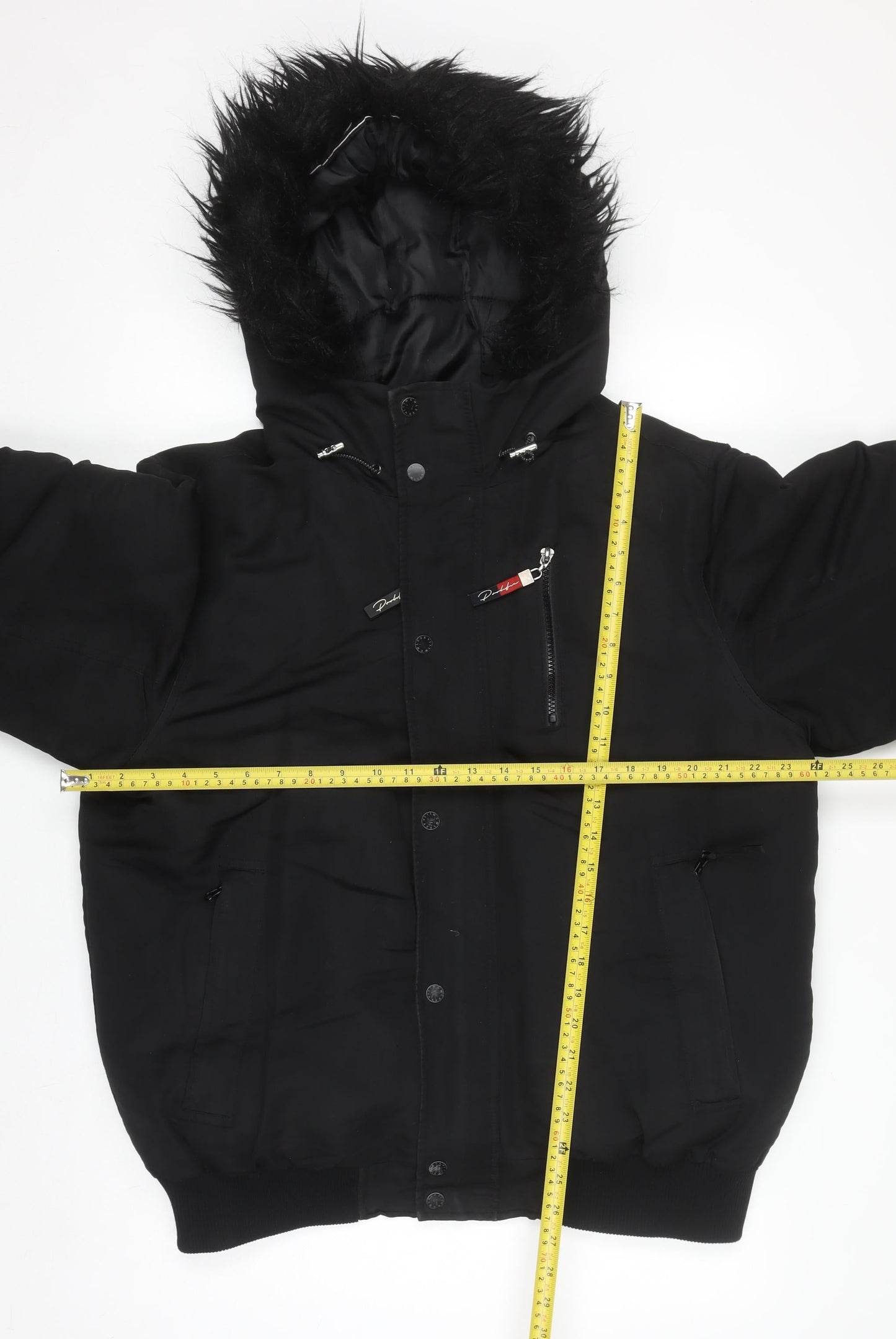 River Island Men's Black L Hooded Puffer Jacket Faux Fur Winter Coat