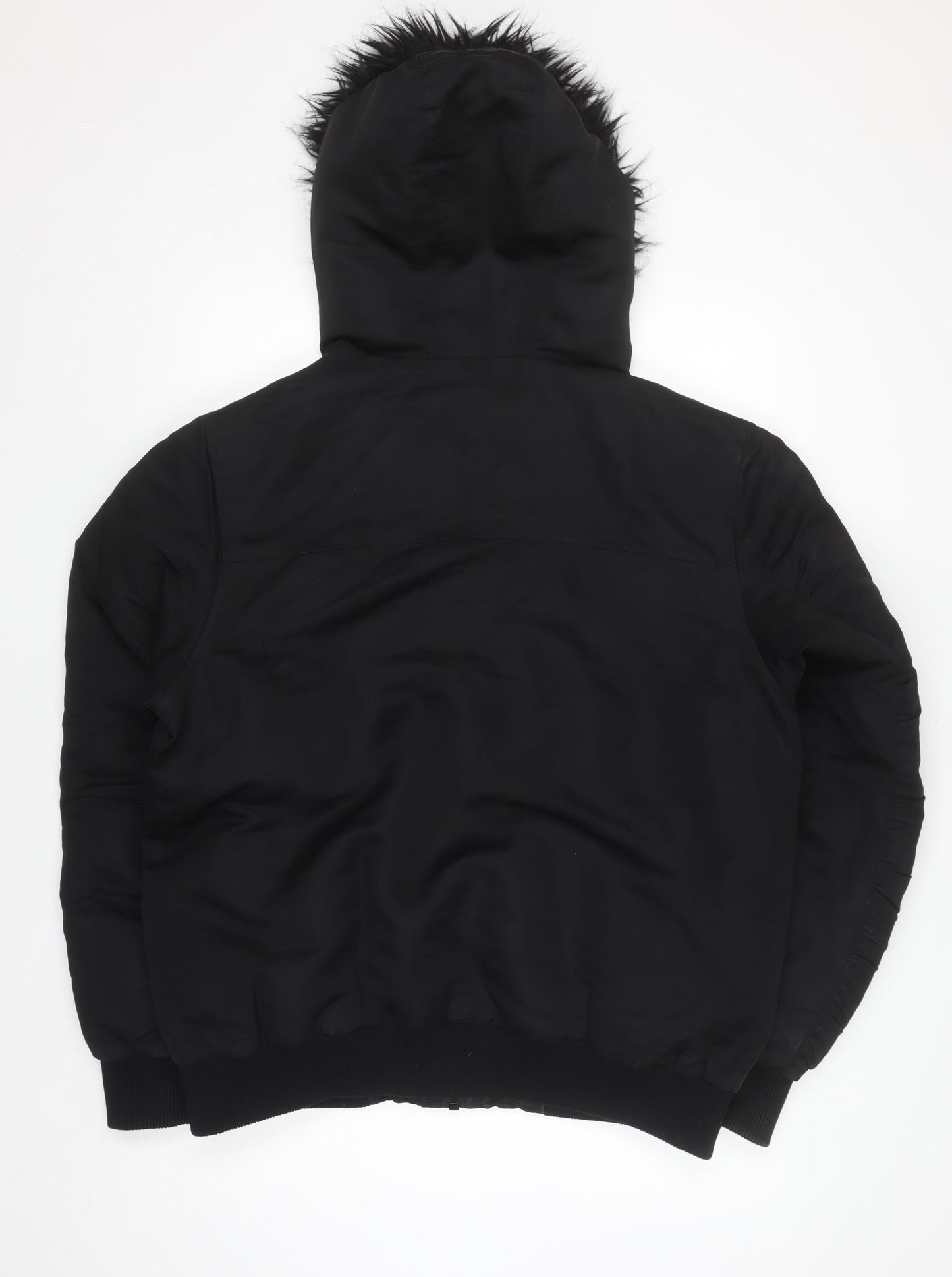 River Island Men's Black L Hooded Puffer Jacket Faux Fur Winter Coat