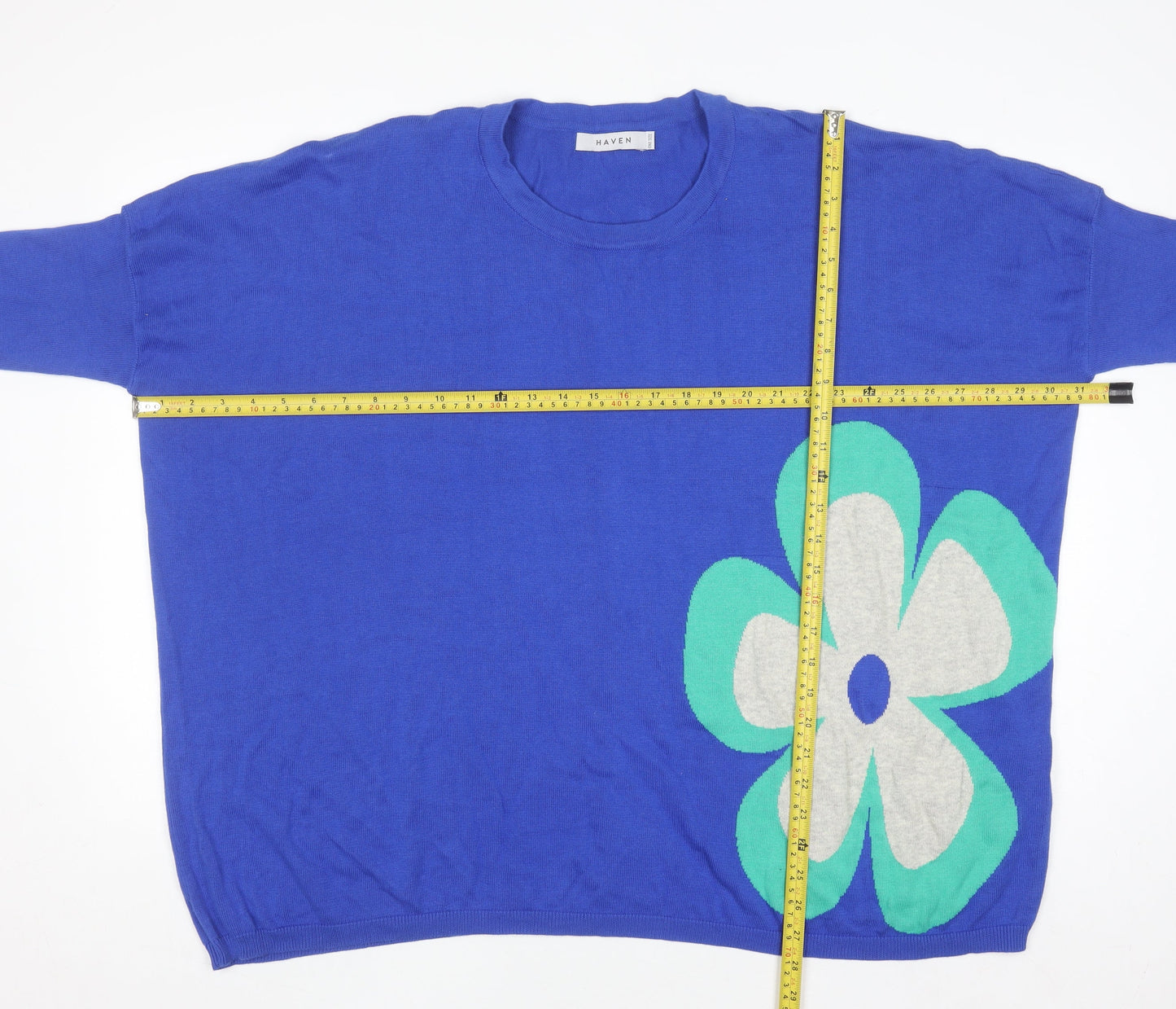 Haven Women Blue Cotton Flower Relaxed Pullover Jumper One Size